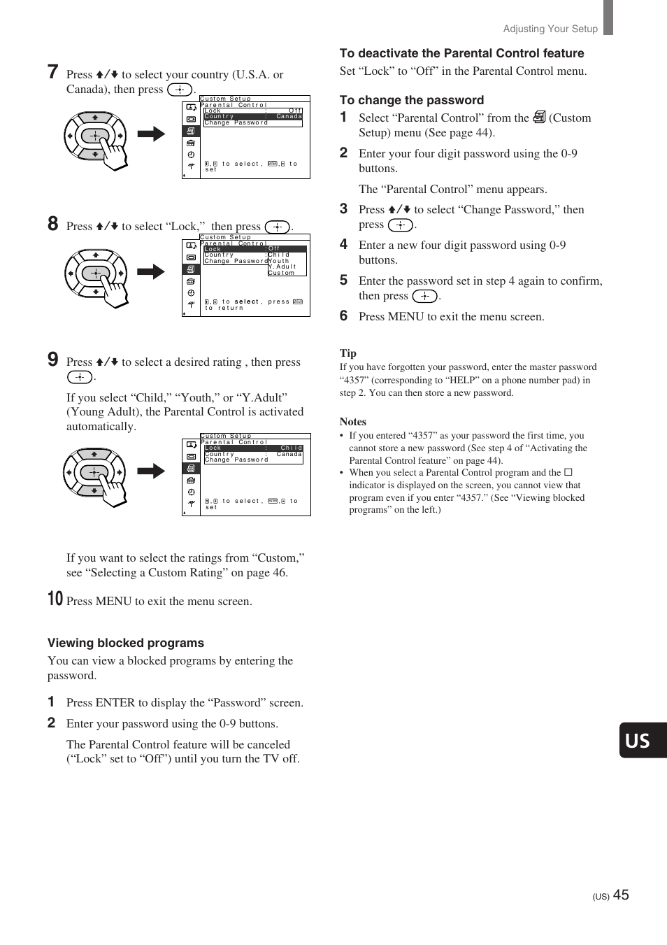 Press v/v to select “lock,” then press, Press enter to display the “password” screen, Press v/v to select “change password,” then press | Enter a new four digit password using 0-9 buttons, Press menu to exit the menu screen | Sony KE-32TS2 User Manual | Page 45 / 188
