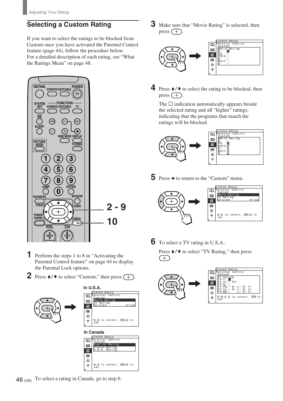 Selecting a custom rating, Press b to return to the “custom” menu | Sony KE-32TS2 User Manual | Page 46 / 188