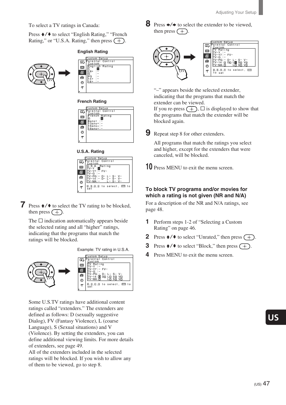 Press v/v to select “unrated,” then press, Press v/v to select “block,” then press, Press menu to exit the menu screen | Adjusting your setup, French rating, English rating, U.s.a. rating | Sony KE-32TS2 User Manual | Page 47 / 188