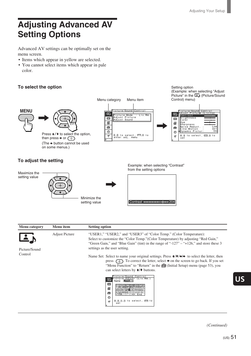 Adjusting advanced av setting options, Continued) | Sony KE-32TS2 User Manual | Page 51 / 188