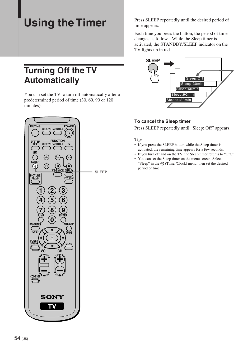 Using the timer, Turning off the tv automatically | Sony KE-32TS2 User Manual | Page 54 / 188