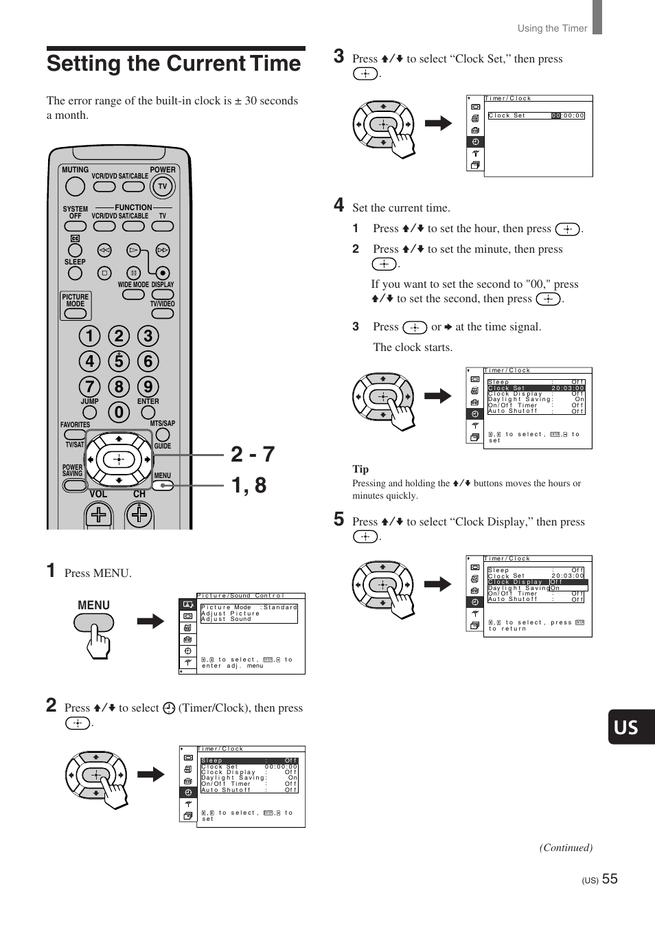 Setting the current time, Us 3, Press v/v to select “clock set,” then press | Press v/v to select “clock display,” then press, Press menu, Press v/v to select (timer/clock), then press, Menu, Continued) | Sony KE-32TS2 User Manual | Page 55 / 188