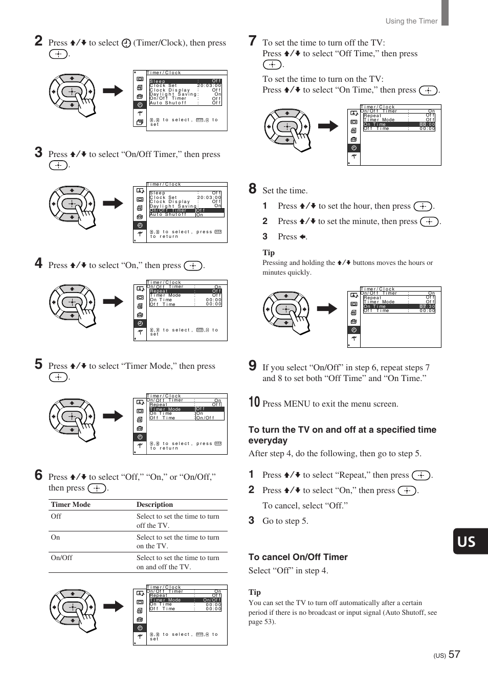 Press v/v to select (timer/clock), then press, Press v/v to select “on/off timer,” then press, Press v/v to select “on,” then press | Press v/v to select “timer mode,” then press, Press v/v to select “repeat,” then press | Sony KE-32TS2 User Manual | Page 57 / 188