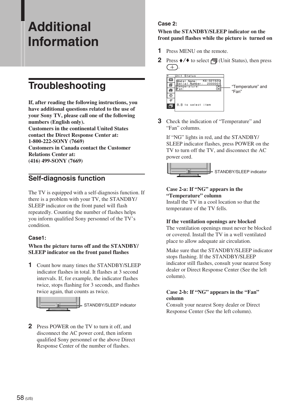 Additional information, Troubleshooting, Self-diagnosis function | Sony KE-32TS2 User Manual | Page 58 / 188