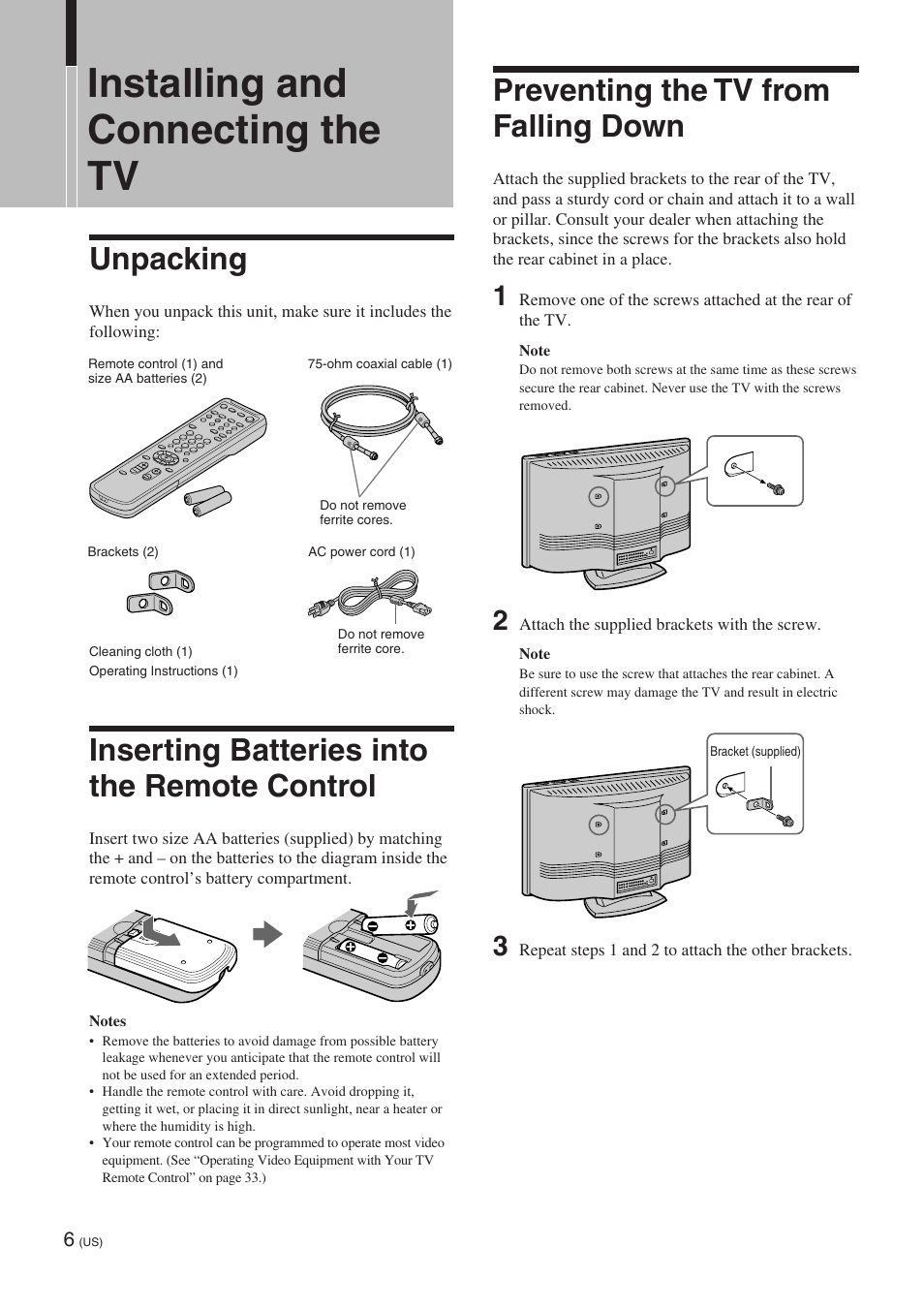 Installing and connecting the tv, Unpacking, Inserting batteries into the remote control | Preventing the tv from falling down | Sony KE-32TS2 User Manual | Page 6 / 188