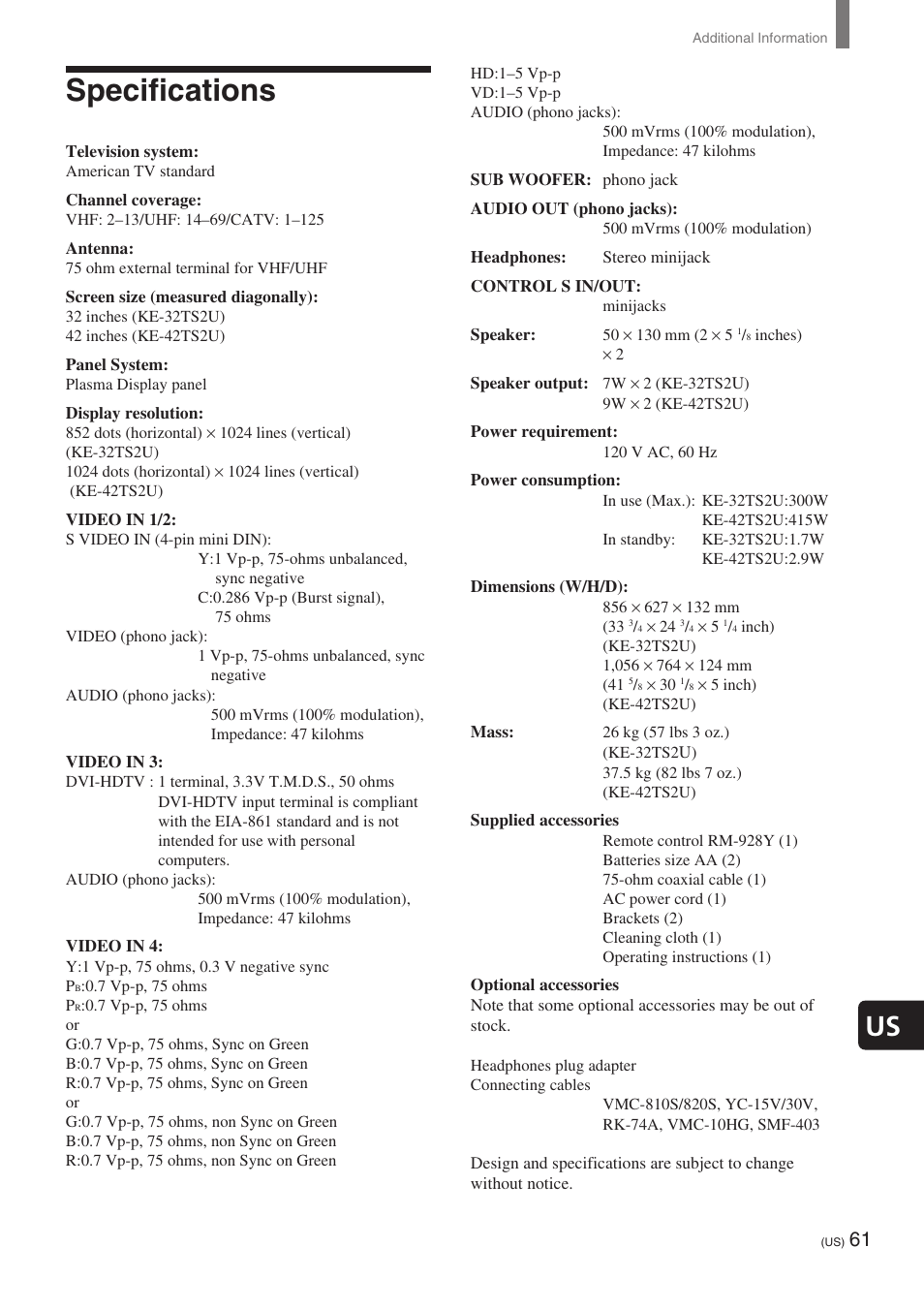 Specifications | Sony KE-32TS2 User Manual | Page 61 / 188