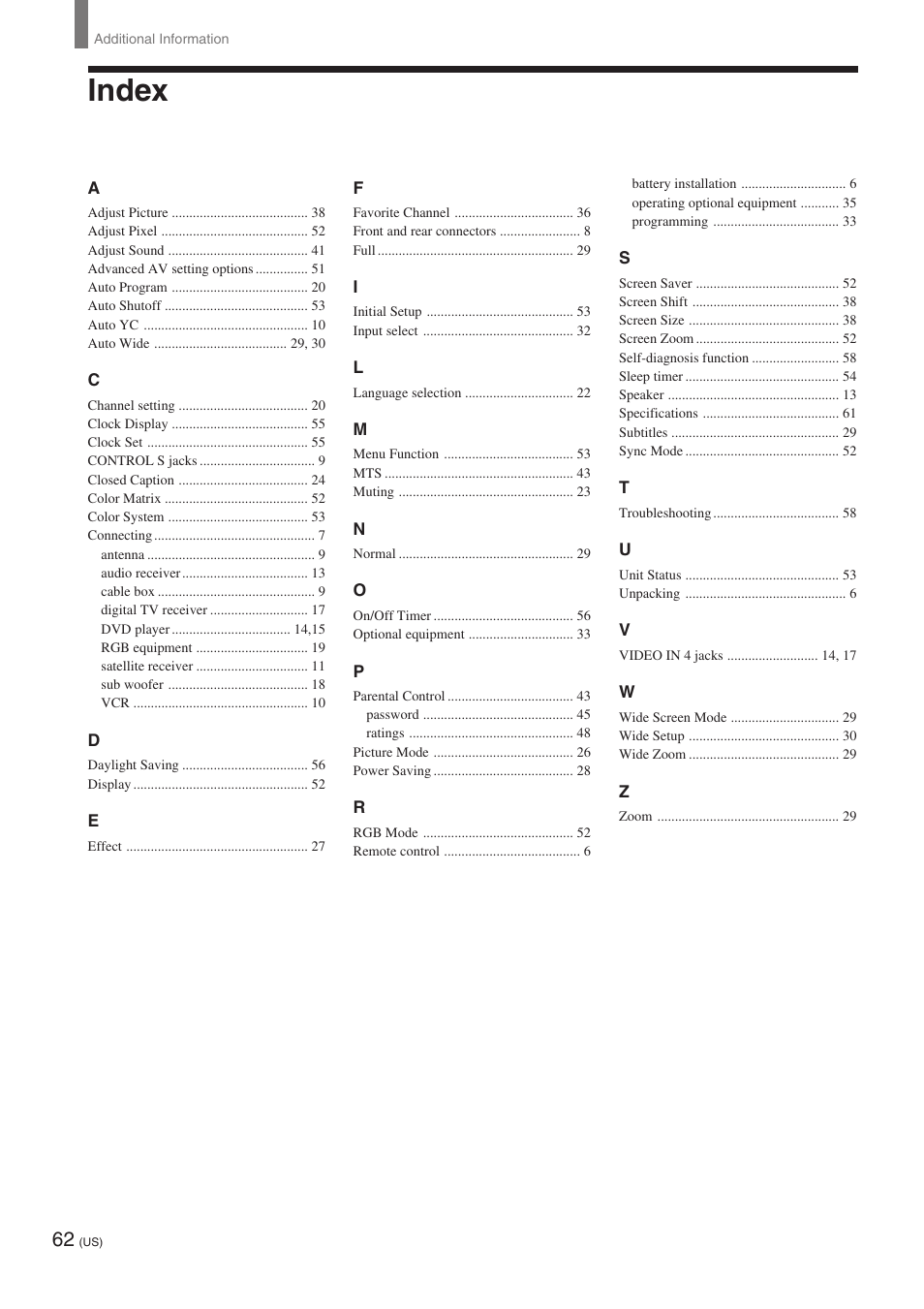 Index | Sony KE-32TS2 User Manual | Page 62 / 188