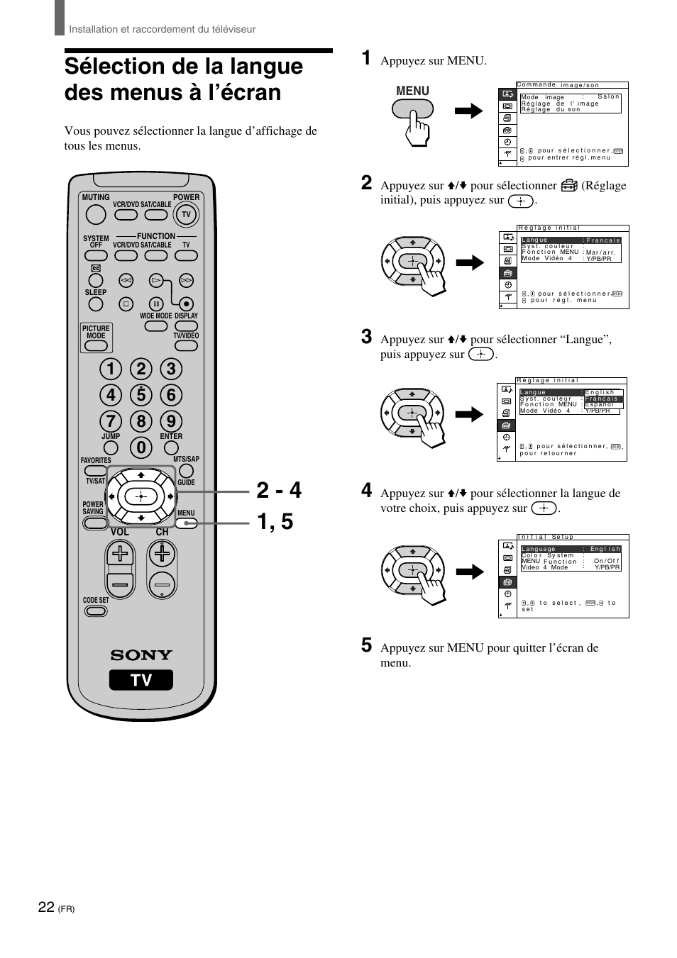 Sélection de la langue des menus à l’écran, Appuyez sur menu, Appuyez sur menu pour quitter l’écran de menu | Sony KE-32TS2 User Manual | Page 84 / 188
