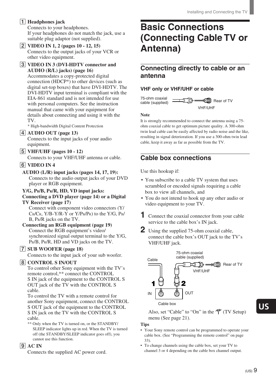Basic connections (connecting cable tv or antenna), Connecting directly to cable or an antenna, Cable box connections | Sony KE-32TS2 User Manual | Page 9 / 188