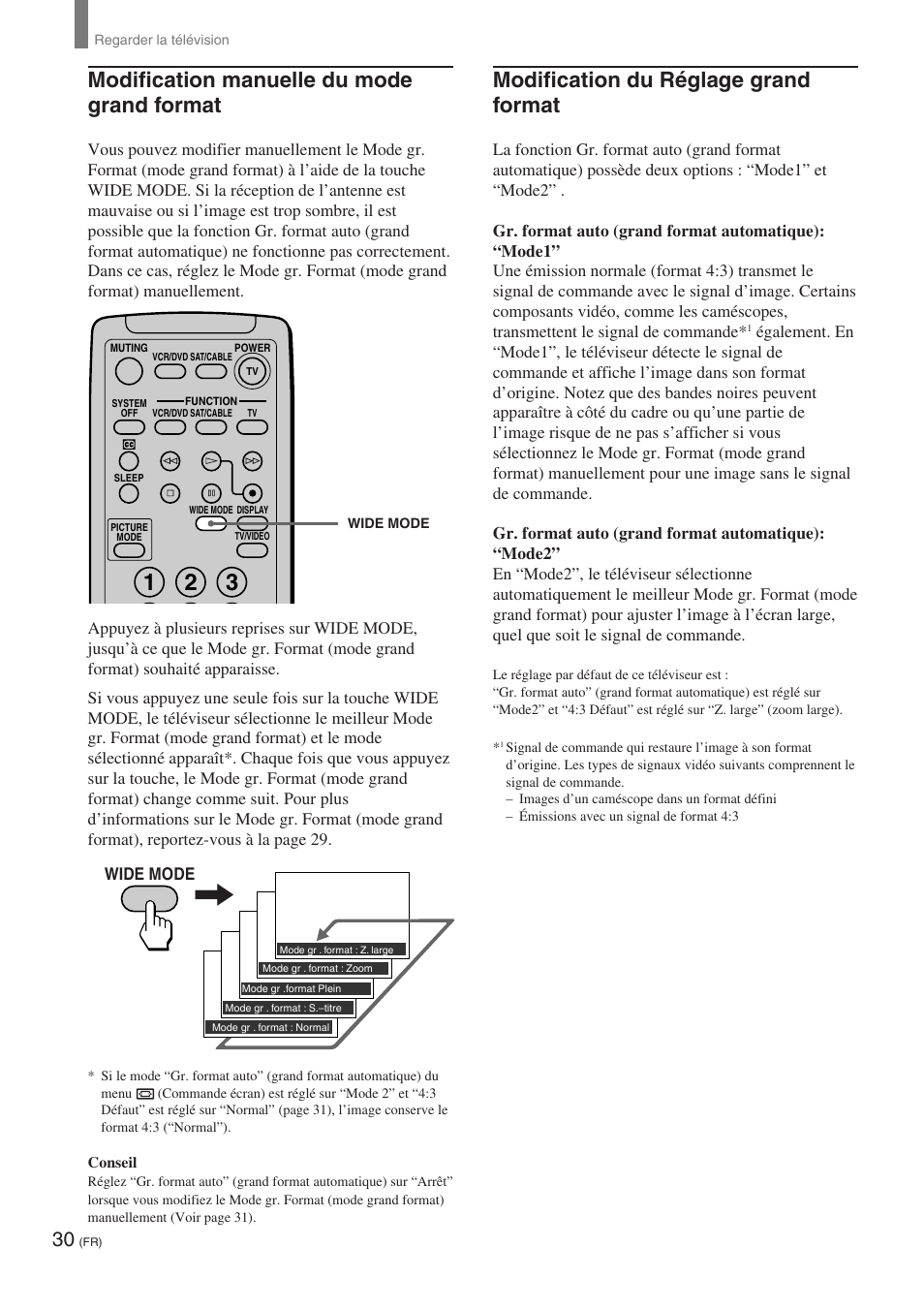 Modification manuelle du mode grand format, Modification du réglage grand format | Sony KE-32TS2 User Manual | Page 92 / 188