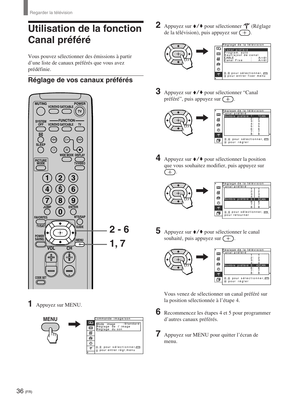 Utilisation de la fonction canal préféré, Réglage de vos canaux préférés, Appuyez sur menu pour quitter l’écran de menu | Menu, Appuyez sur menu | Sony KE-32TS2 User Manual | Page 98 / 188