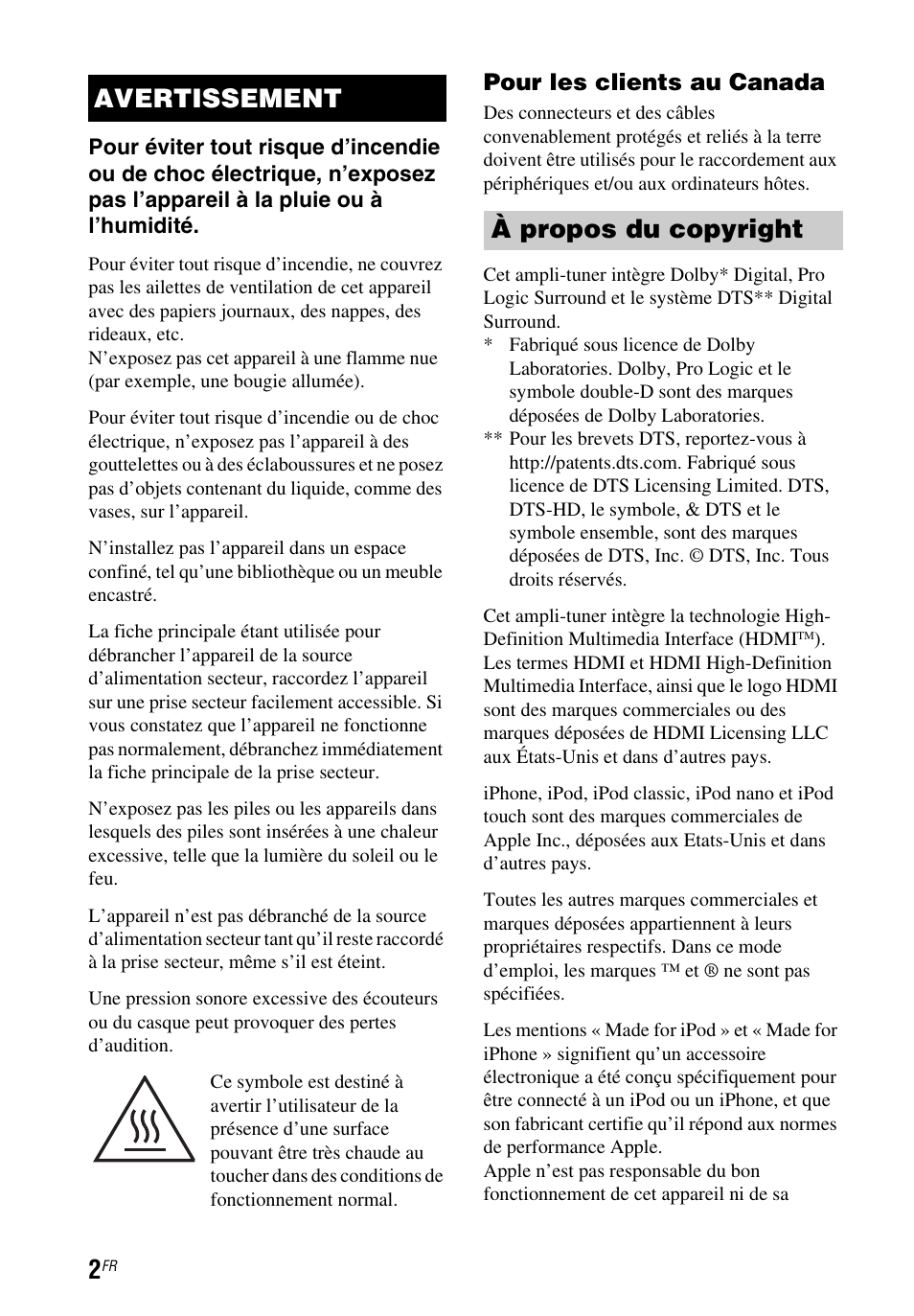 Avertissement à propos du copyright, Pour les clients au canada | Sony STR-DH550 User Manual | Page 10 / 24
