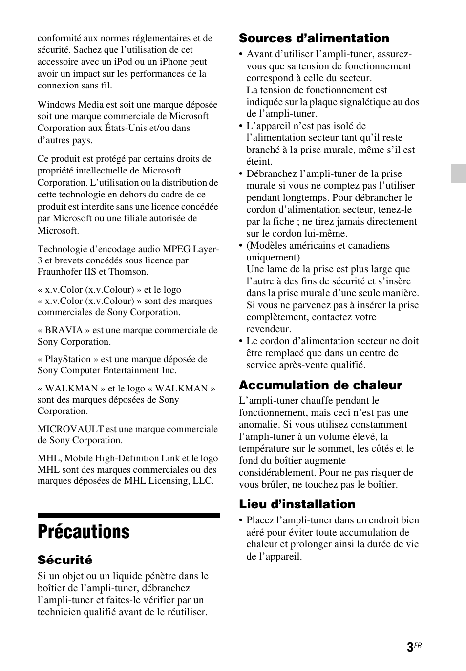 Précautions | Sony STR-DH550 User Manual | Page 11 / 24