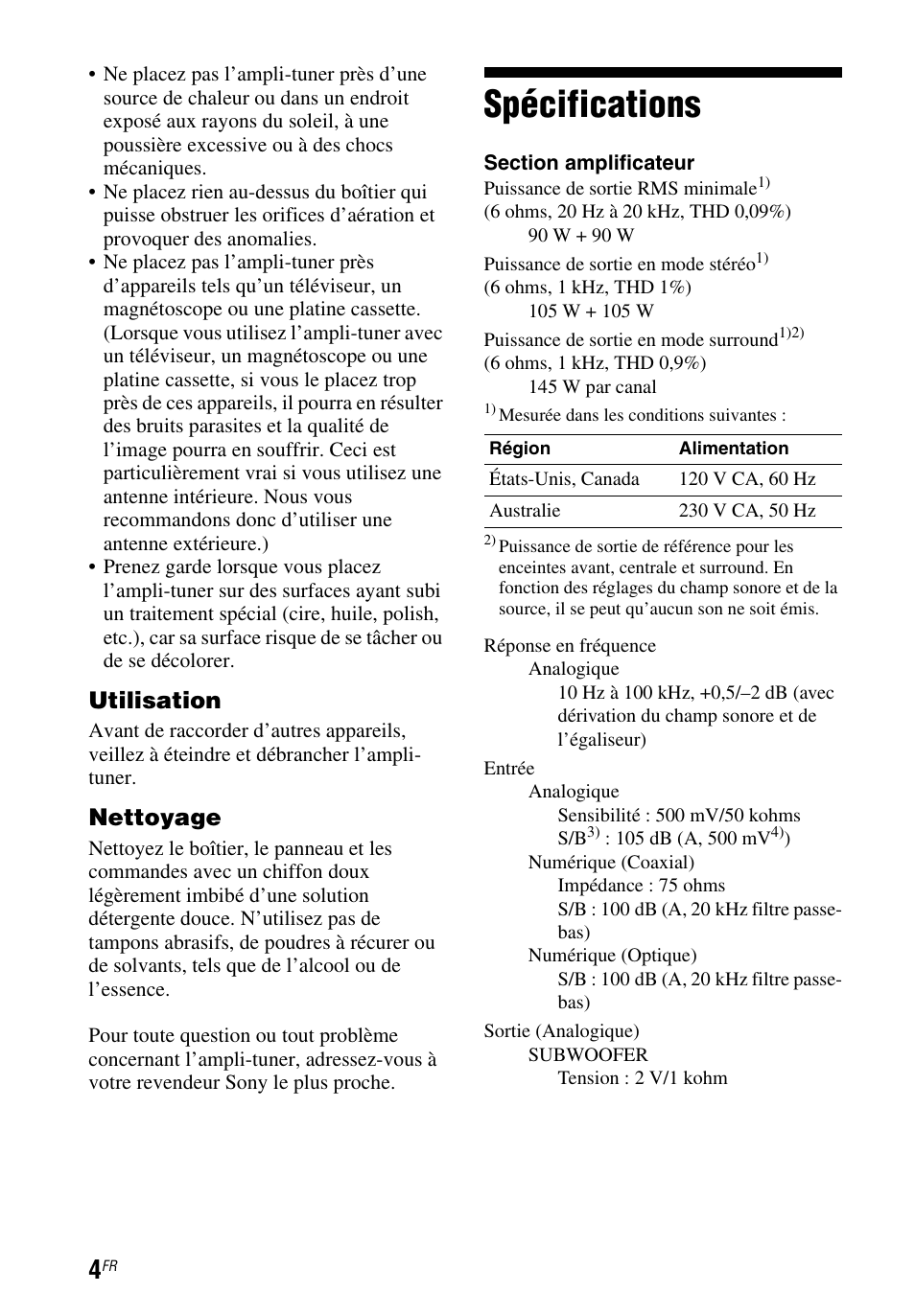 Spécifications, Utilisation, Nettoyage | Sony STR-DH550 User Manual | Page 12 / 24