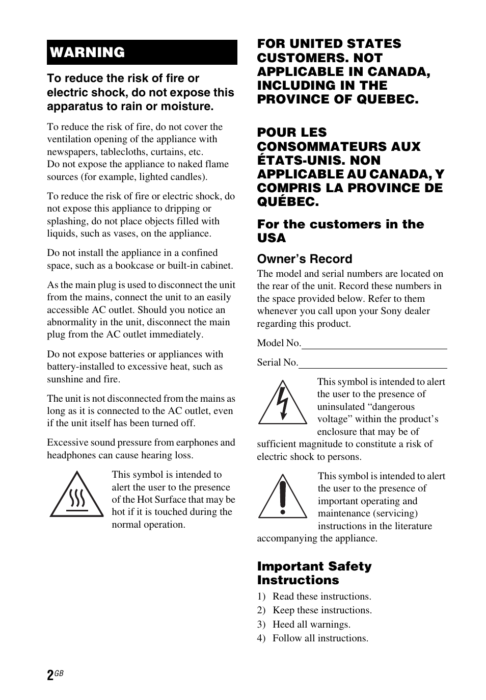 Warning | Sony STR-DH550 User Manual | Page 2 / 24