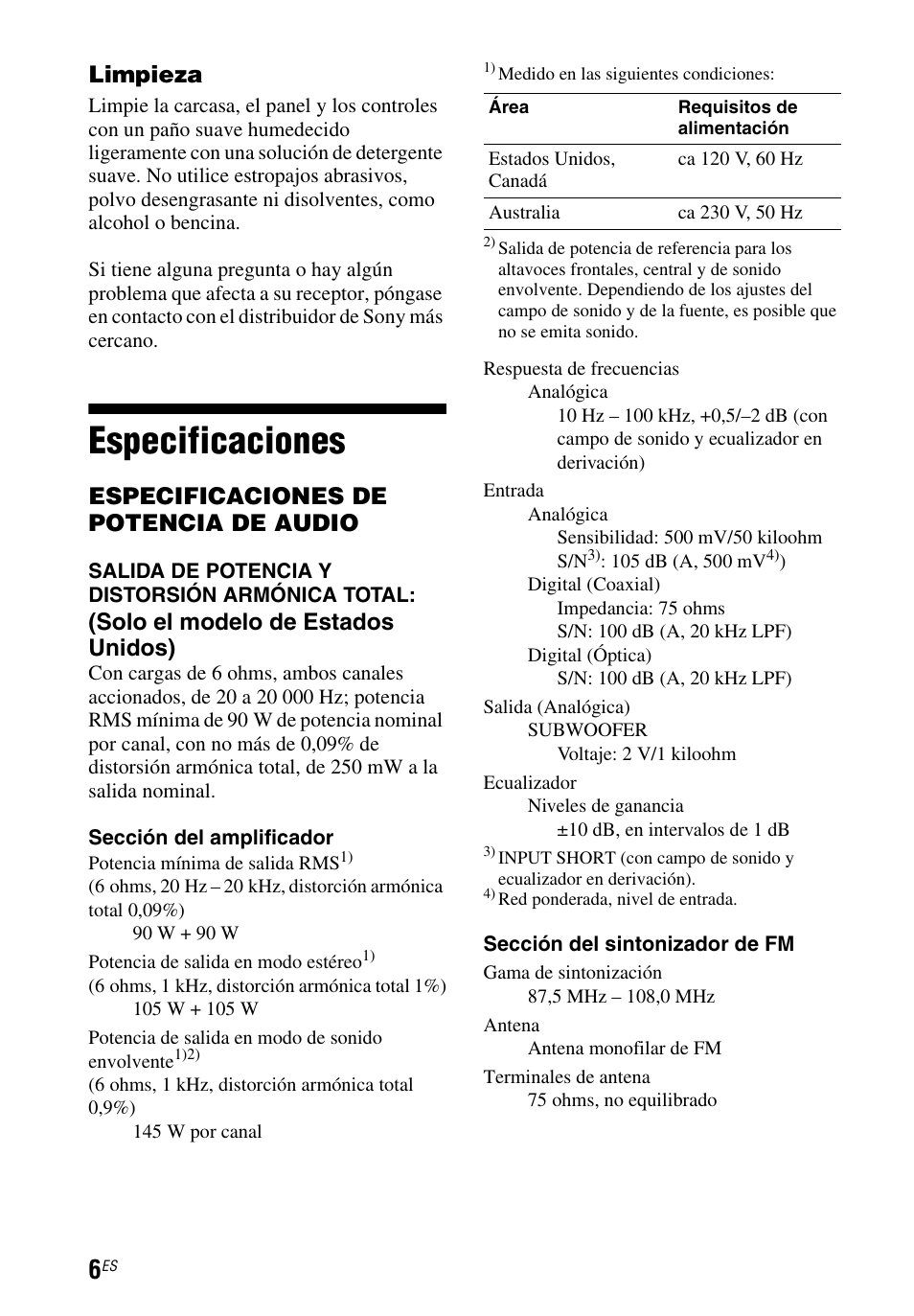 Especificaciones, Limpieza, Especificaciones de potencia de audio | Solo el modelo de estados unidos) | Sony STR-DH550 User Manual | Page 20 / 24