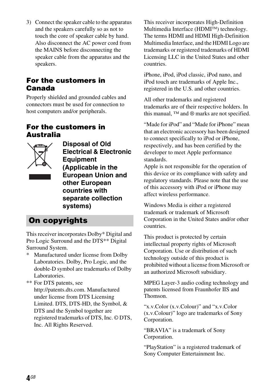 On copyrights, For the customers in canada, For the customers in australia | Sony STR-DH550 User Manual | Page 4 / 24