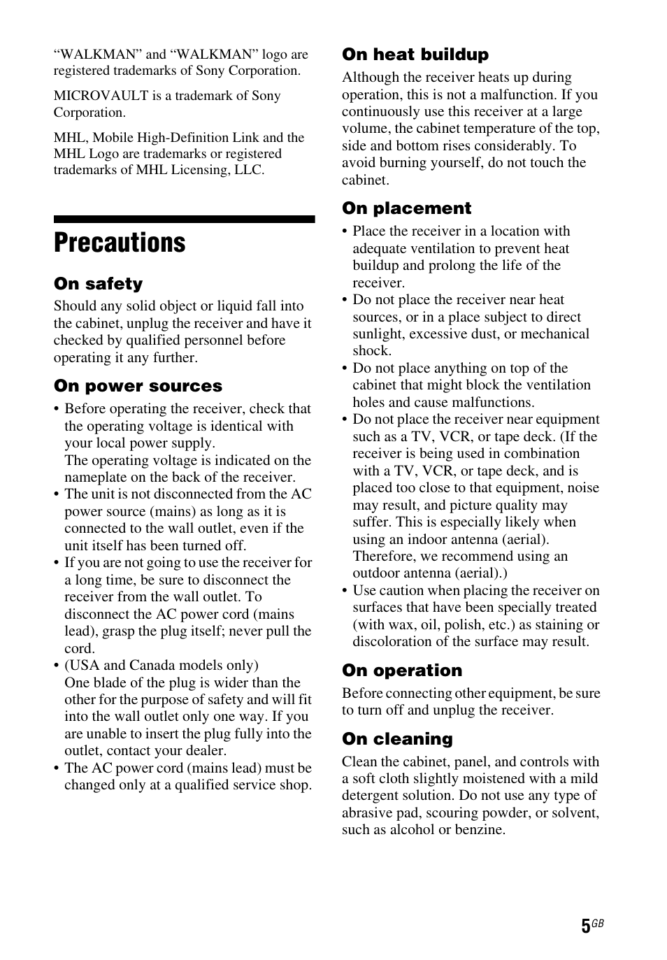 Precautions | Sony STR-DH550 User Manual | Page 5 / 24