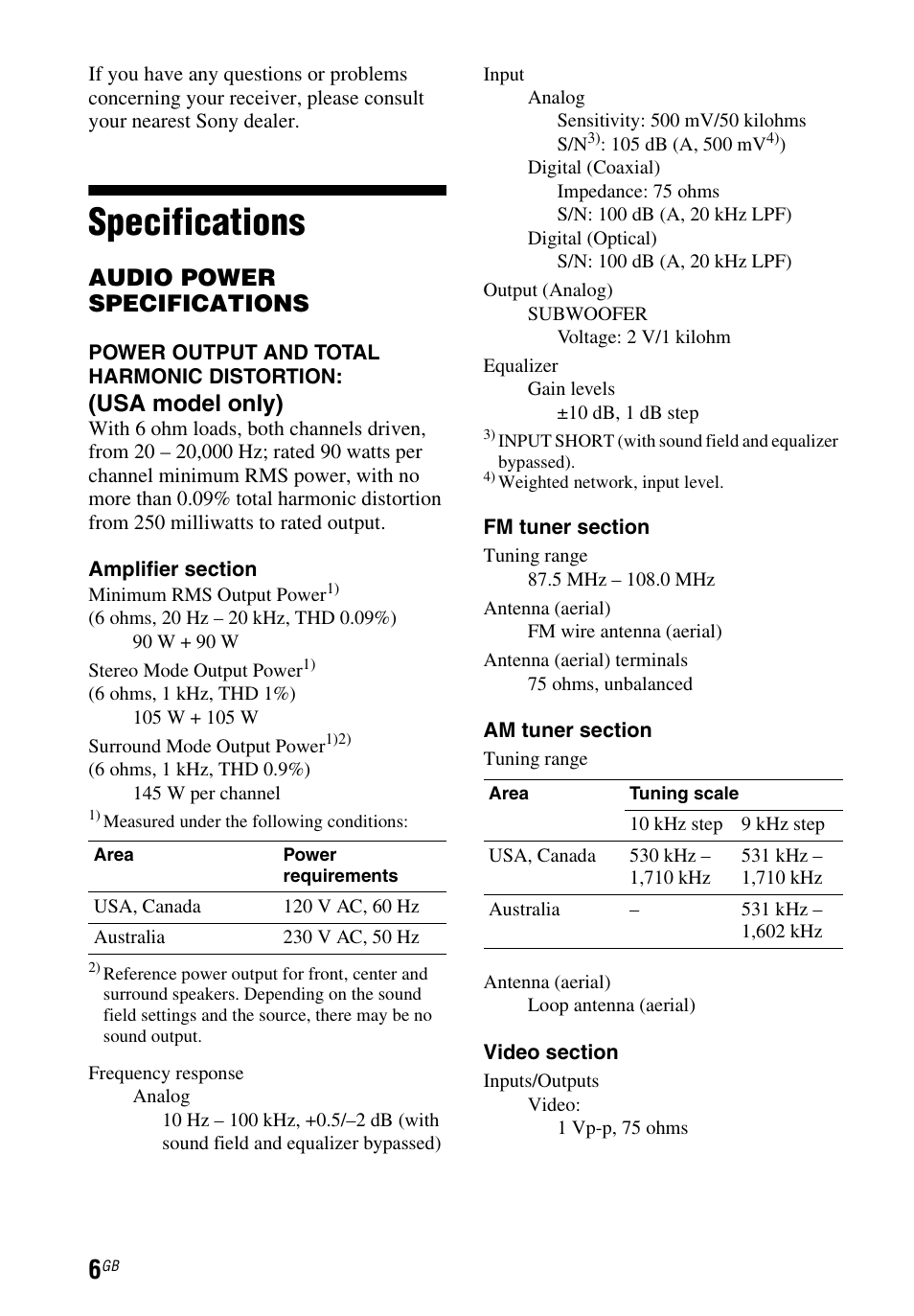 Specifications, Audio power specifications, Usa model only) | Sony STR-DH550 User Manual | Page 6 / 24