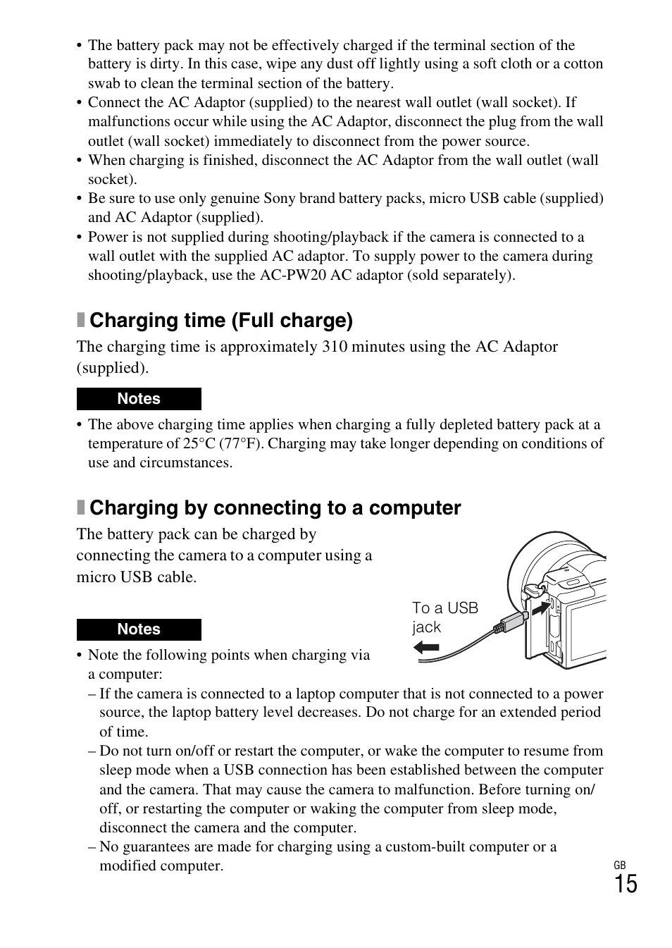 Xcharging time (full charge), Xcharging by connecting to a computer | Sony ILCE-5000L User Manual | Page 15 / 40