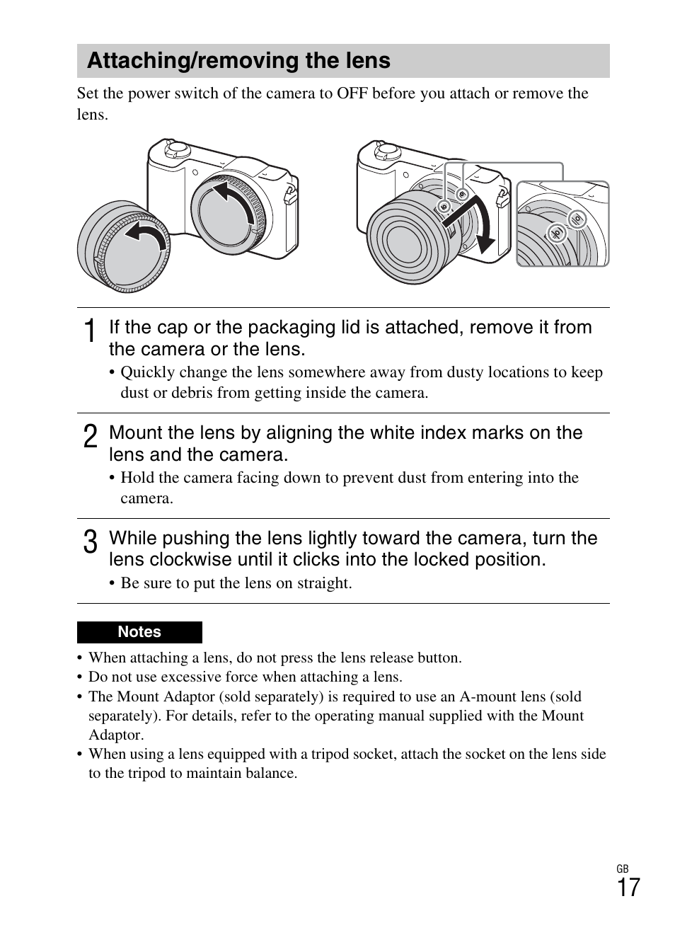 Attaching/removing the lens | Sony ILCE-5000L User Manual | Page 17 / 40