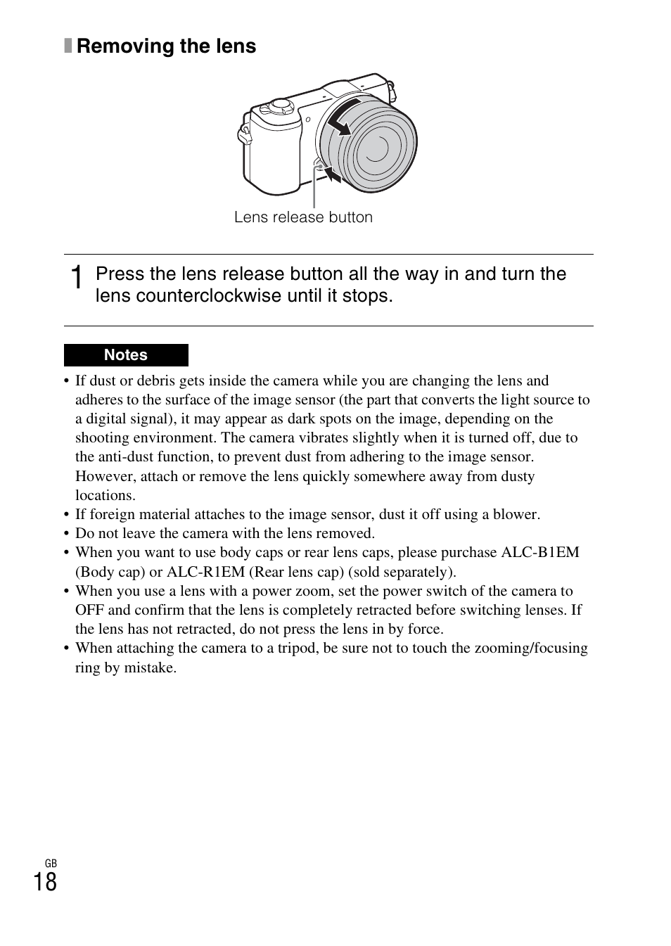 Xremoving the lens | Sony ILCE-5000L User Manual | Page 18 / 40