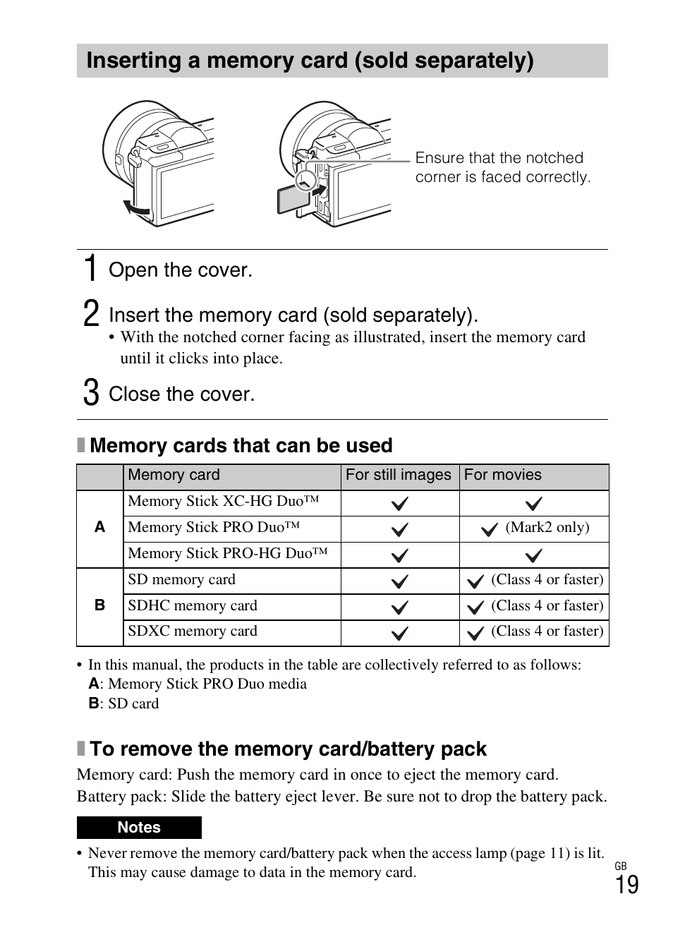 Inserting a memory card (sold separately) | Sony ILCE-5000L User Manual | Page 19 / 40