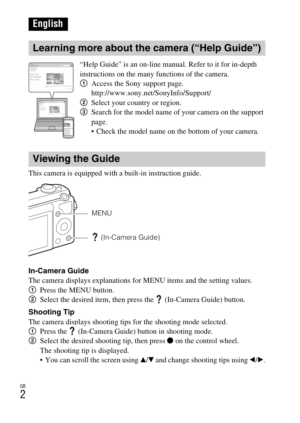 Learning more about the camera (“help guide”), Viewing the guide | Sony ILCE-5000L User Manual | Page 2 / 40