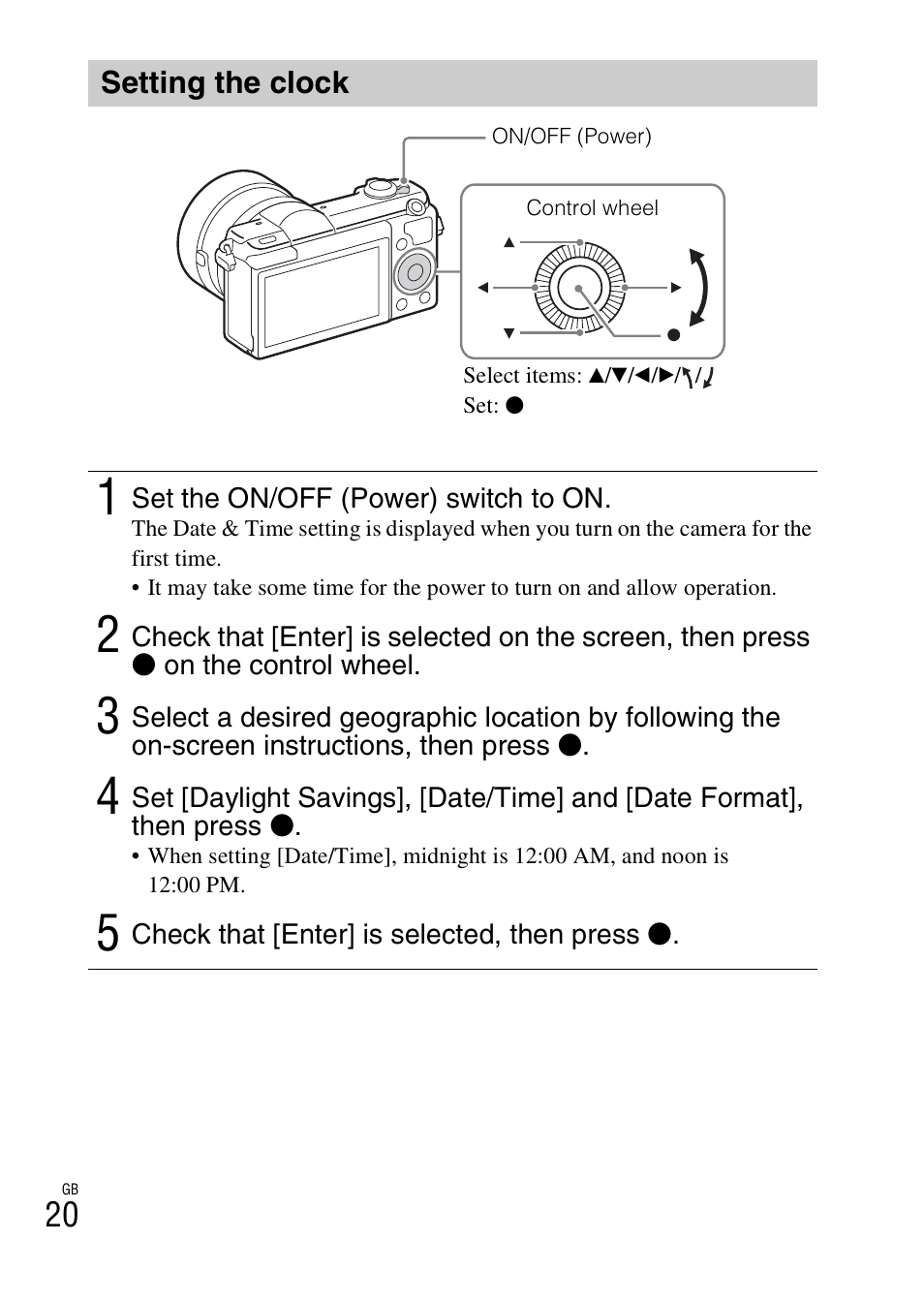 Setting the clock | Sony ILCE-5000L User Manual | Page 20 / 40