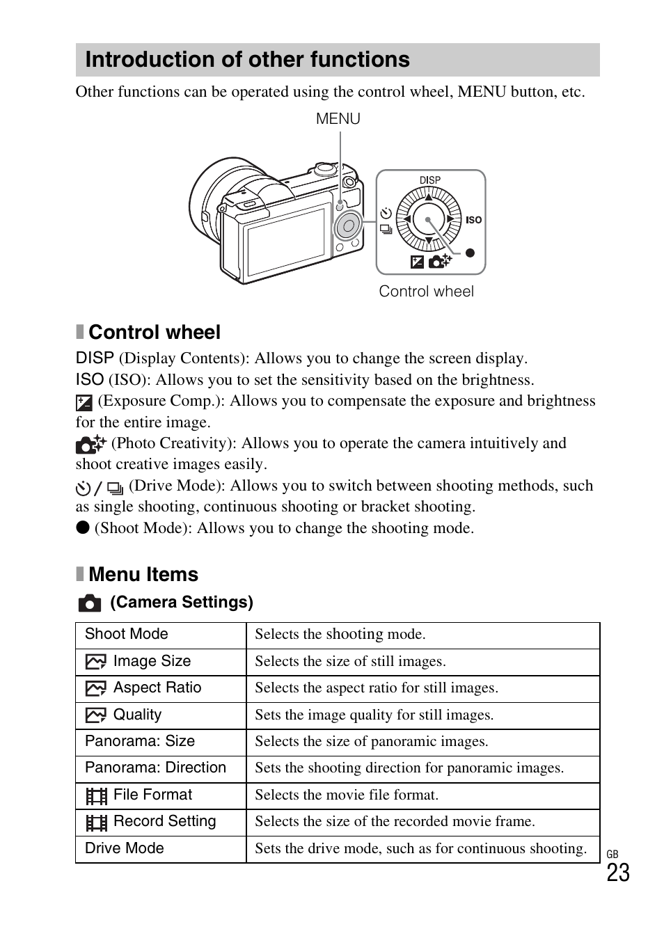 Introduction of other functions, P. 23, Xcontrol wheel | Xmenu items | Sony ILCE-5000L User Manual | Page 23 / 40