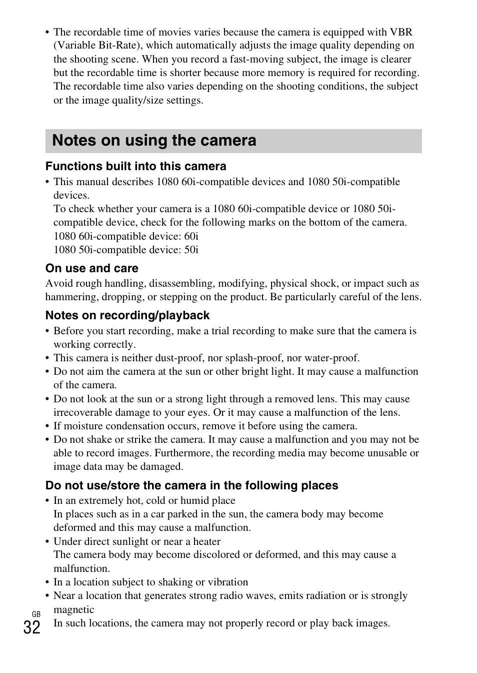 Notes on using the camera | Sony ILCE-5000L User Manual | Page 32 / 40