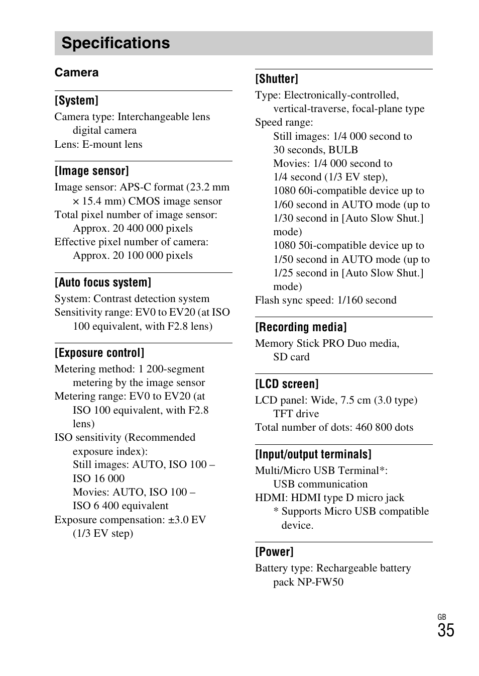 Specifications | Sony ILCE-5000L User Manual | Page 35 / 40