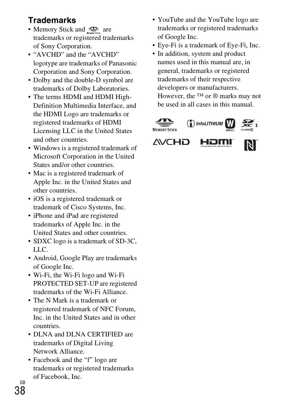 Trademarks | Sony ILCE-5000L User Manual | Page 38 / 40