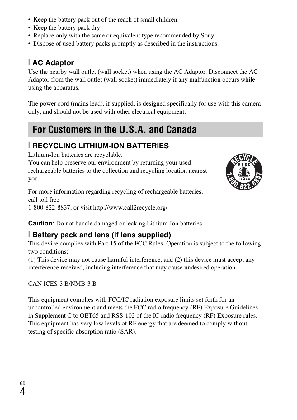 For customers in the u.s.a. and canada | Sony ILCE-5000L User Manual | Page 4 / 40