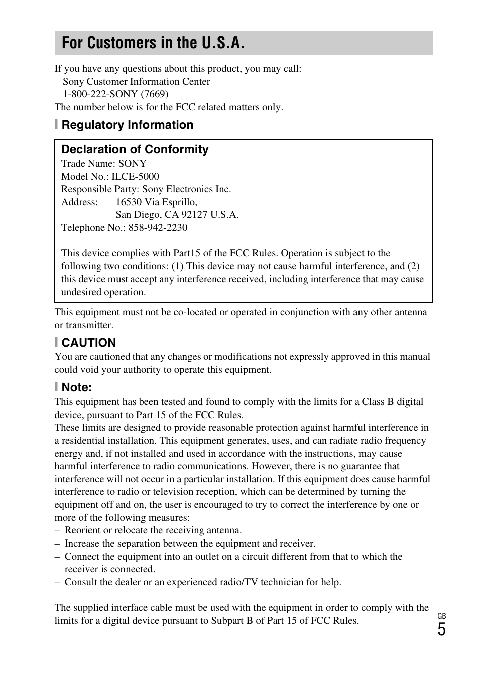 For customers in the u.s.a | Sony ILCE-5000L User Manual | Page 5 / 40