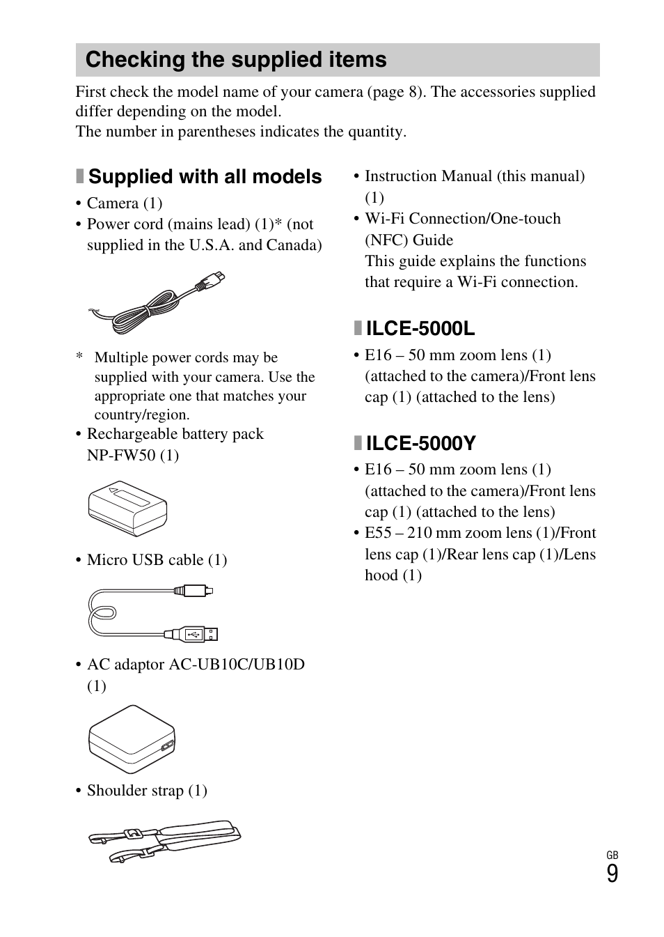 Checking the supplied items, P. 9, Xsupplied with all models | Xilce-5000l, Xilce-5000y | Sony ILCE-5000L User Manual | Page 9 / 40