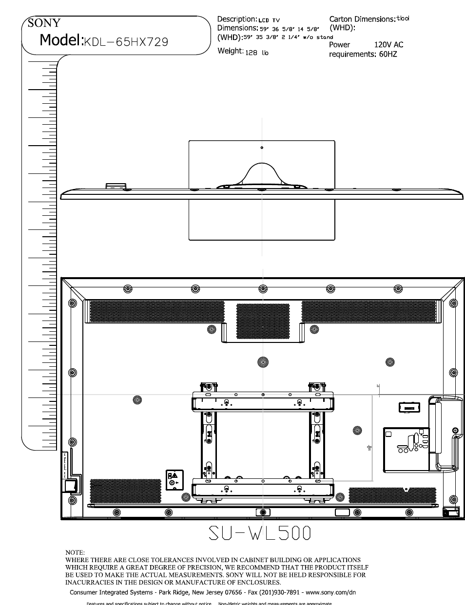 Su-wl500, Model, 729 a | Sony KDL-65HX729 User Manual | Page 5 / 5