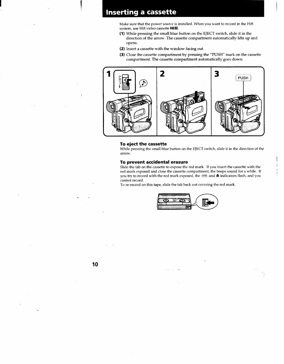 Inserting a cassette, To eject the cassette, To prevent accidental erasure | Sony CCD-TRV62 User Manual | Page 10 / 84