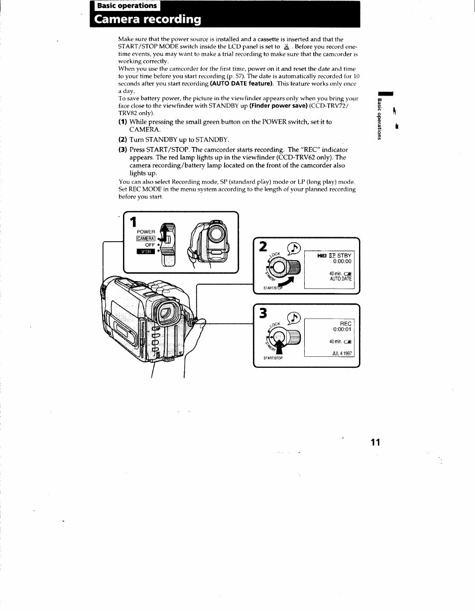 I basic operations, Camera recording, Turn standby up to standby | Sony CCD-TRV62 User Manual | Page 11 / 84