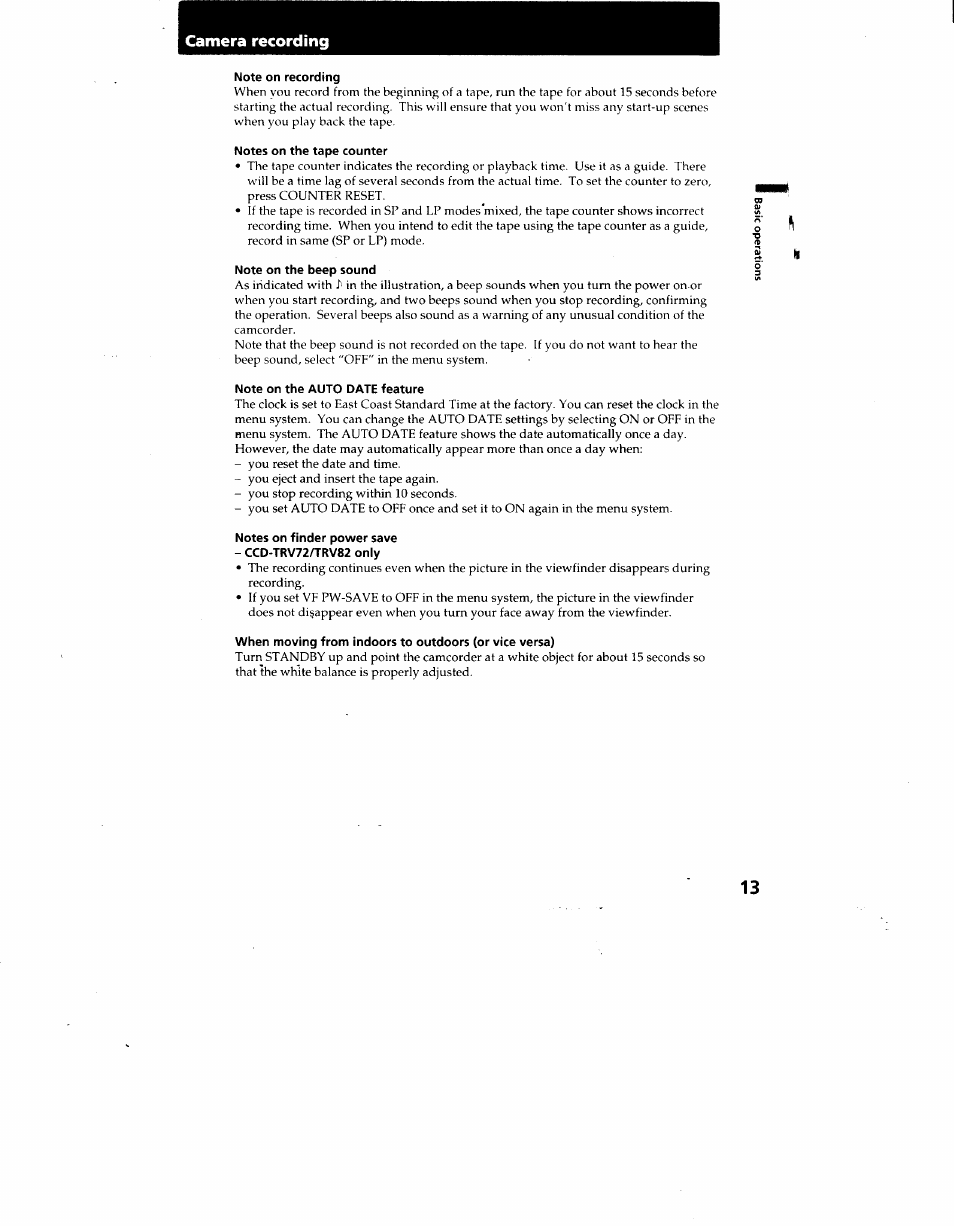 Note on recording, Notes on the tape counter, Note on the beep sound | Note on the auto date feature, Notes on finder power save, Camera recording | Sony CCD-TRV62 User Manual | Page 13 / 84