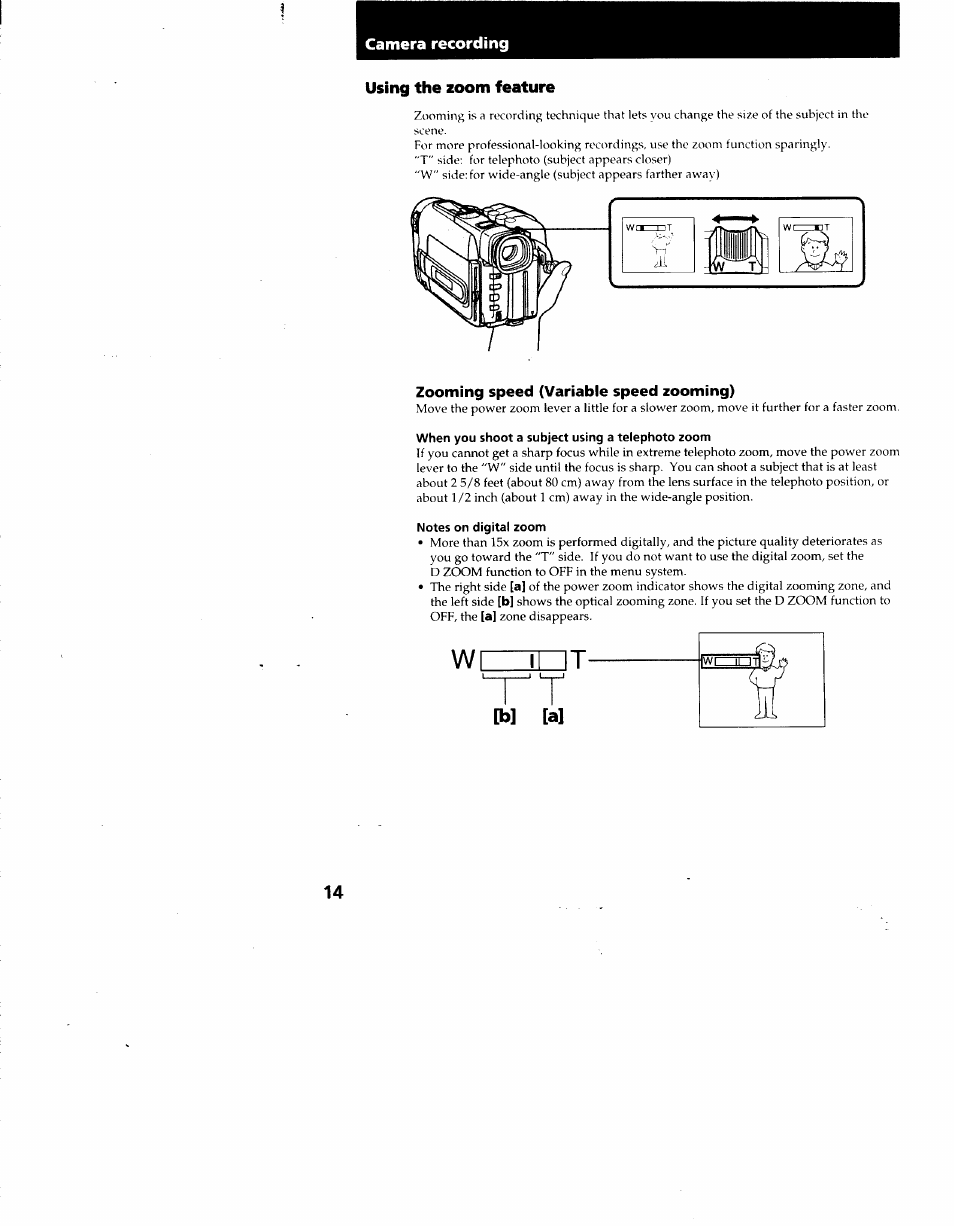 Zooming speed (variable speed zooming), When you shoot a subject using a telephoto zoom, Notes on digital zoom | Sony CCD-TRV62 User Manual | Page 14 / 84