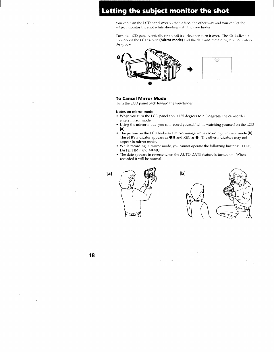 Letting the subject monitor the shot, Notes on mirror mode | Sony CCD-TRV62 User Manual | Page 18 / 84
