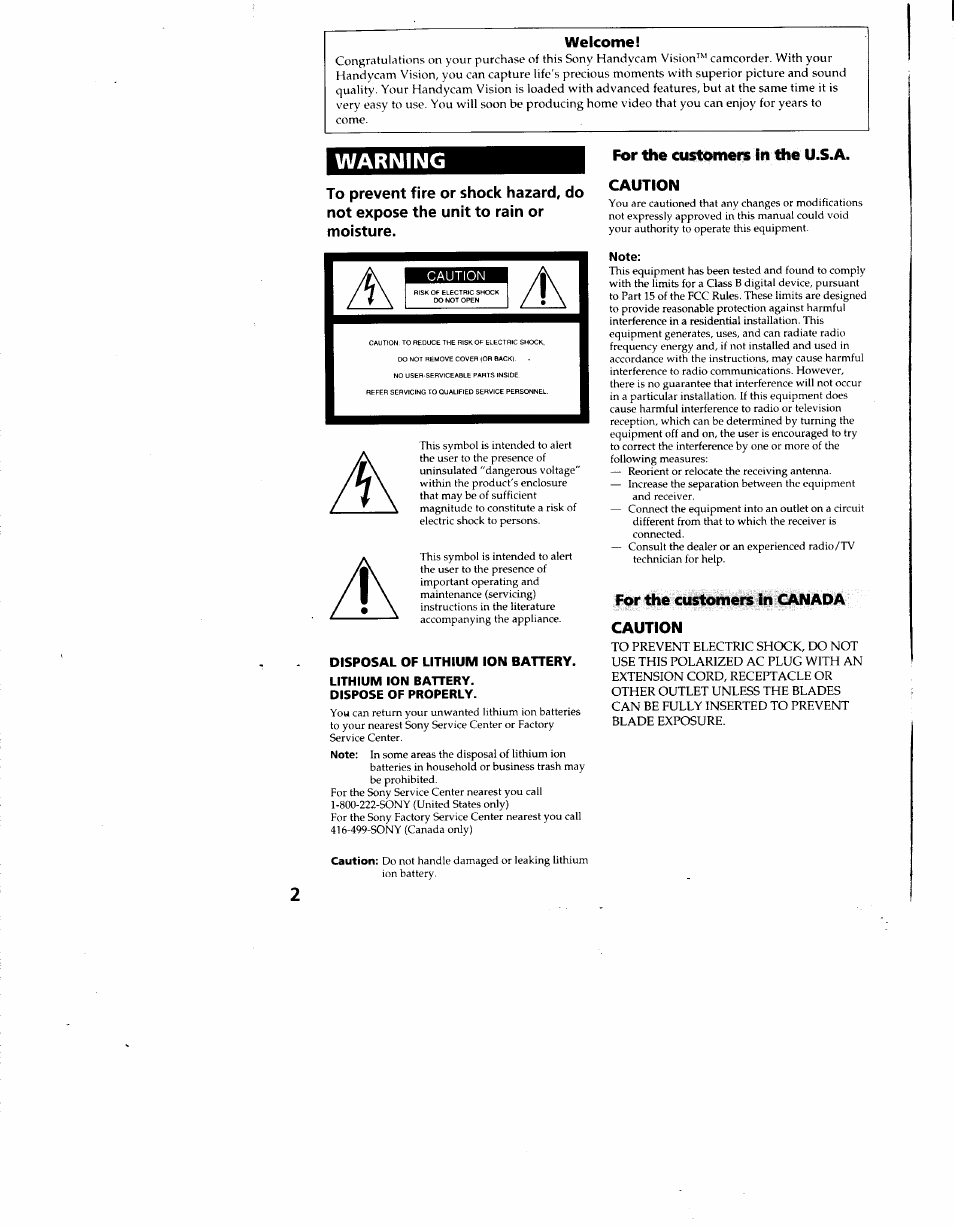 Welcome, Disposal of lithium ion battery, Lithium ion battery | Dispose of properly, Note, Warning, Caution, For the customers in the u.s jv. caution, For the customers in canada caution | Sony CCD-TRV62 User Manual | Page 2 / 84