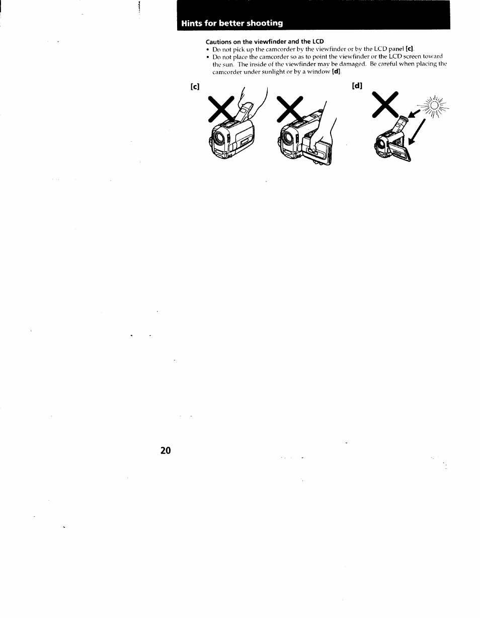 Cautions on the viewfinder and the lcd | Sony CCD-TRV62 User Manual | Page 20 / 84