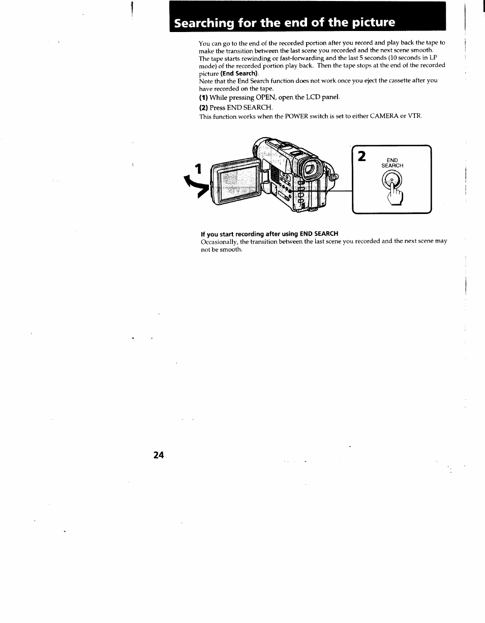 Searching for the end of the picture, If you start recording after using end search | Sony CCD-TRV62 User Manual | Page 24 / 84