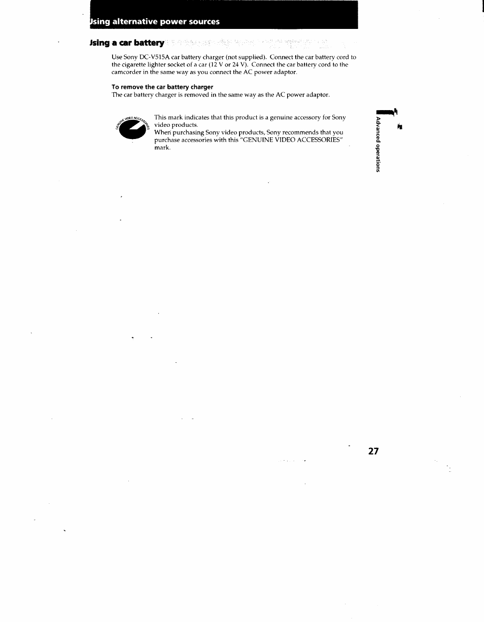 Jstng a car battery, To remove the car battery charger, Sing alternative power sources | Sony CCD-TRV62 User Manual | Page 27 / 84