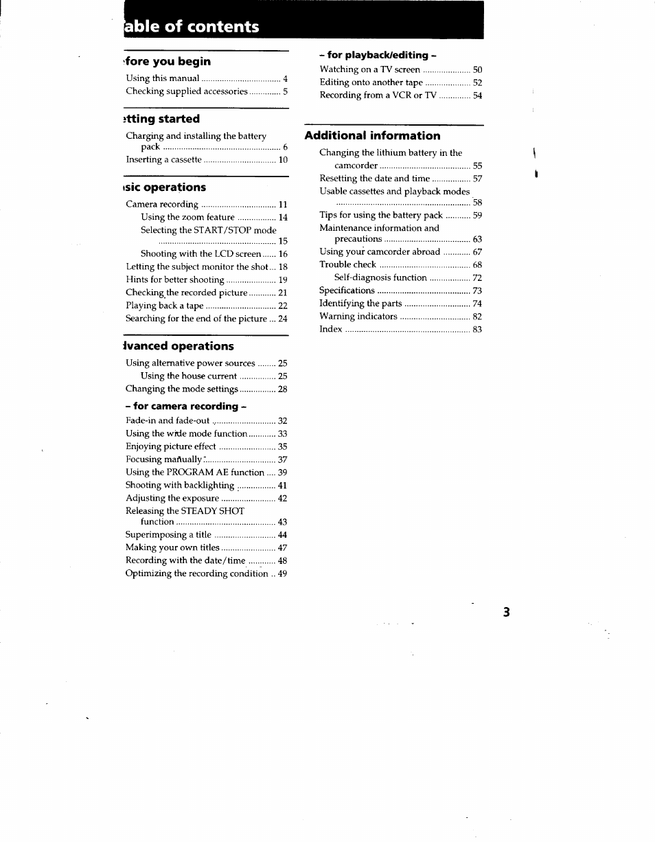 Able of contents | Sony CCD-TRV62 User Manual | Page 3 / 84