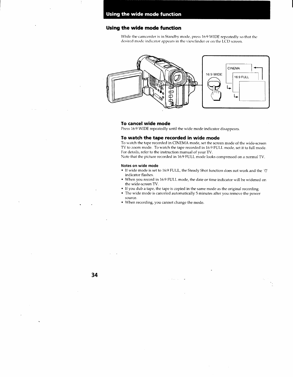 To cancel wide mode, To watch the tape recorded in wide mode, Notes on wide mode | Using the wide mode function | Sony CCD-TRV62 User Manual | Page 34 / 84