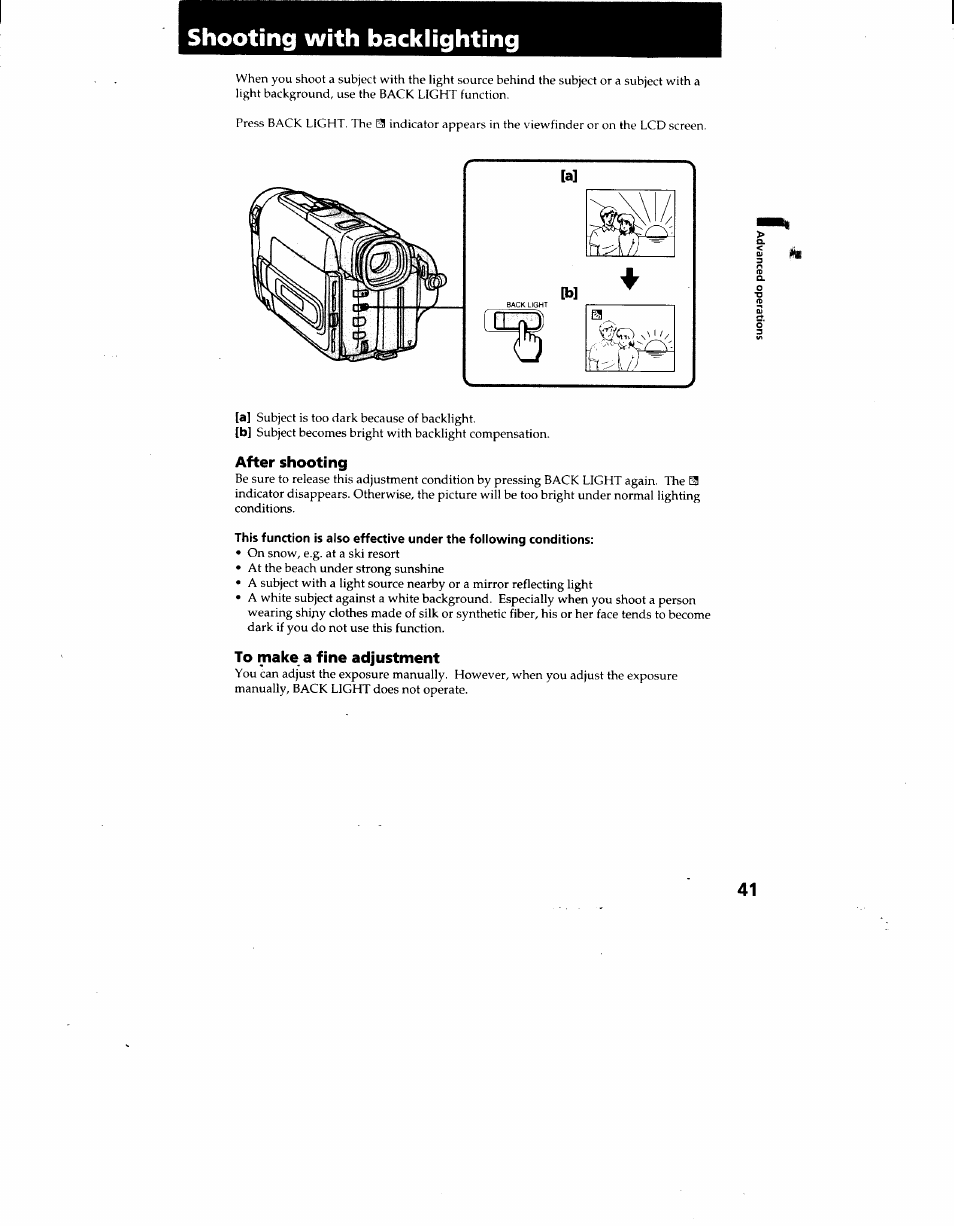Shooting with backlighting, After shooting, To make a fine adjustment | Sony CCD-TRV62 User Manual | Page 41 / 84