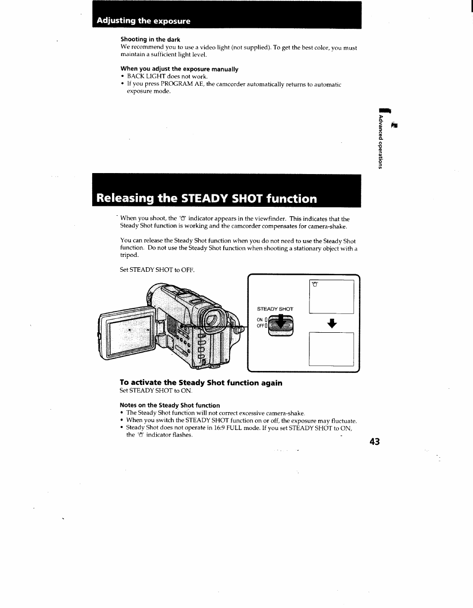 Adjusting the exposure, Shooting in the dark, When you adjust the exposure manually | Releasing the steady shot function, To activate the steady shot function again, Notes on the steady shot function | Sony CCD-TRV62 User Manual | Page 43 / 84